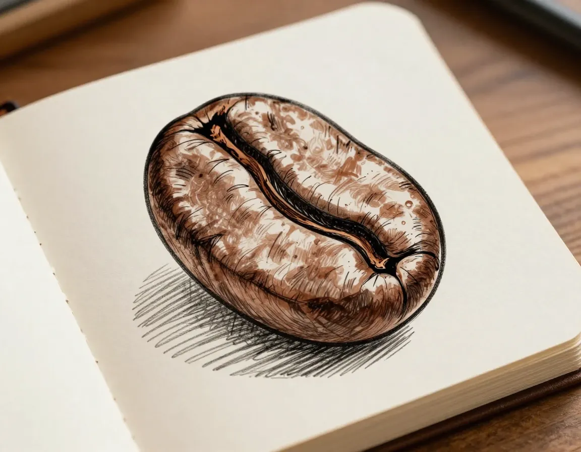 Hand drawn coffee bean illustration with visible pen stroke texture