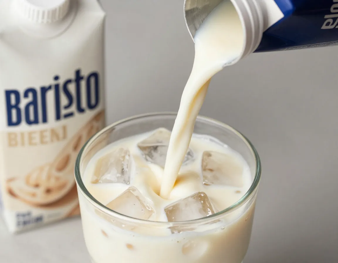 Eighty milliliters of barista blend oat milk being poured over ice