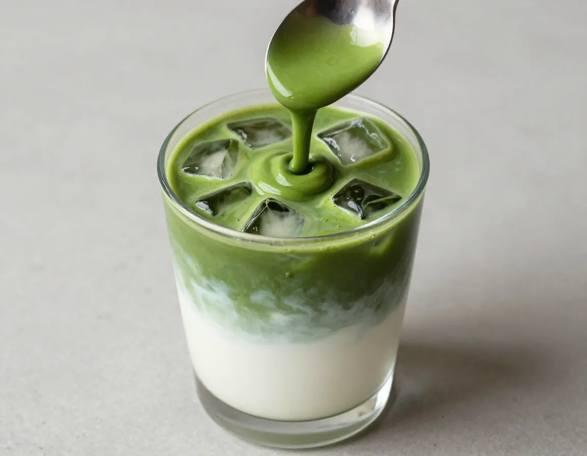 Matcha mixture poured over milk creating layered green and white drink