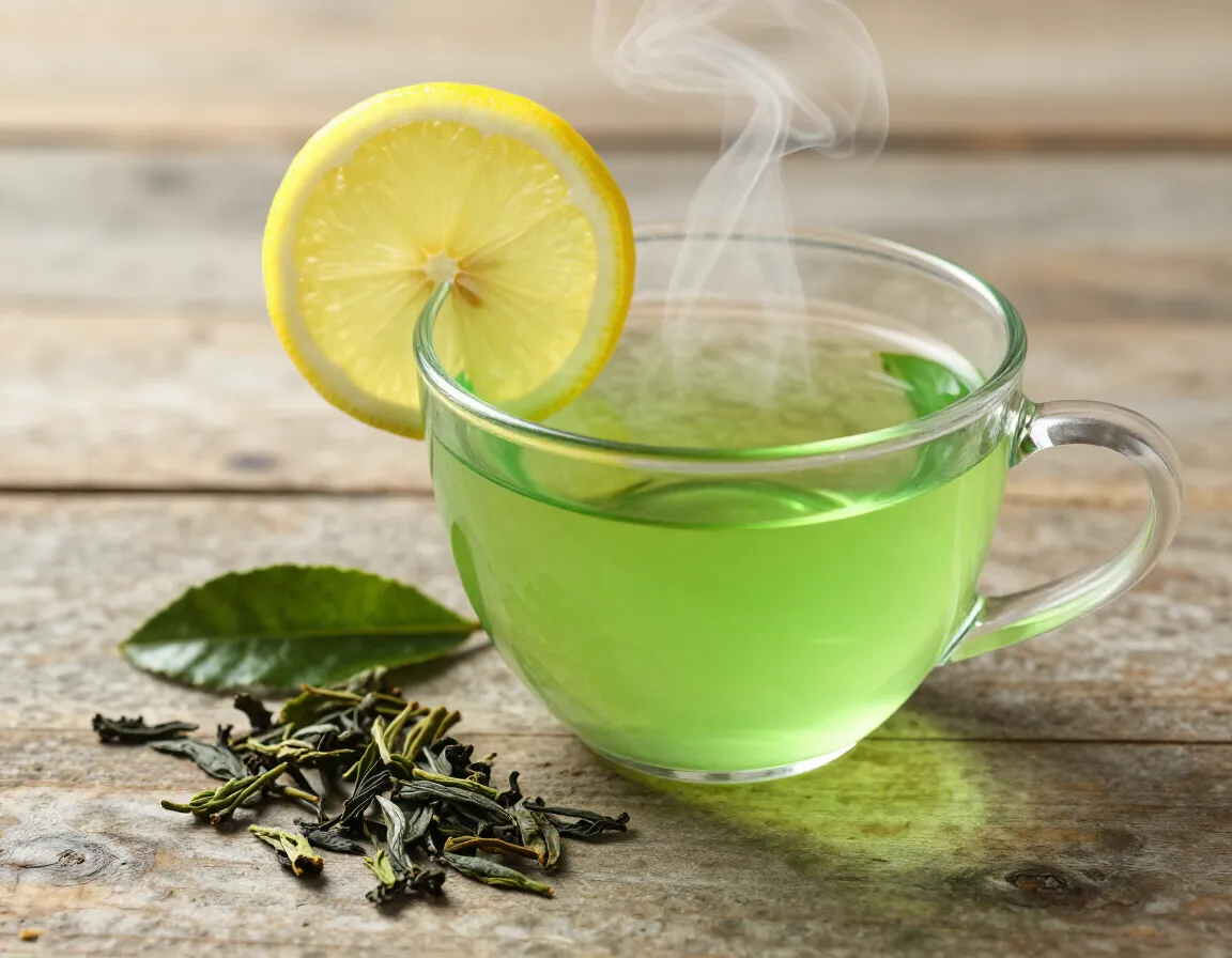A steaming hot cup of bright green tea with lemon slice and tea leaves beside it