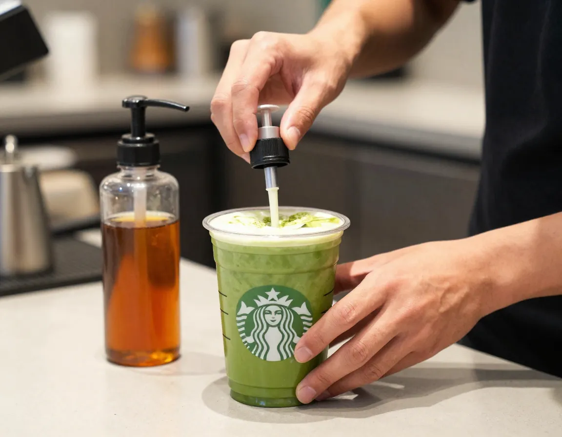 Barista hands preparing half sweet matcha latte with vanilla syrup