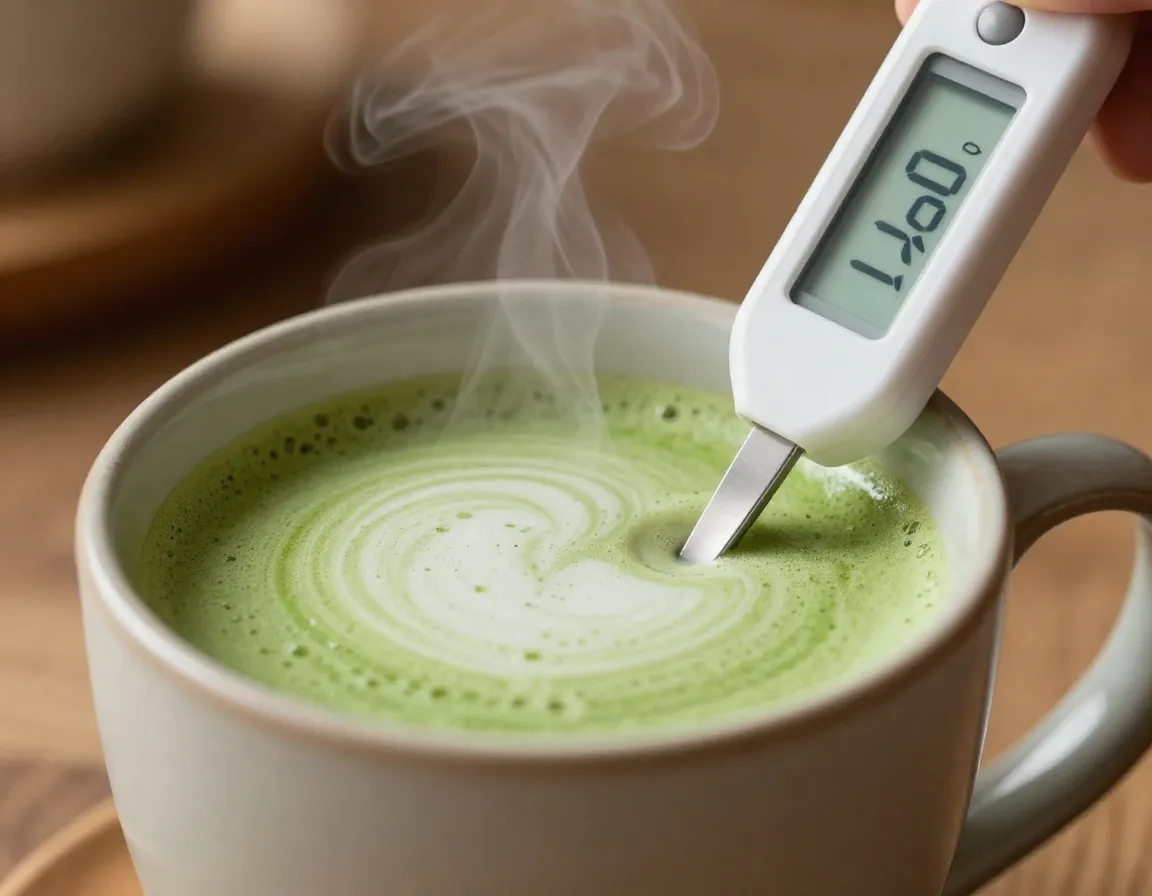 Steaming matcha latte with thermometer showing kids temperature 140f