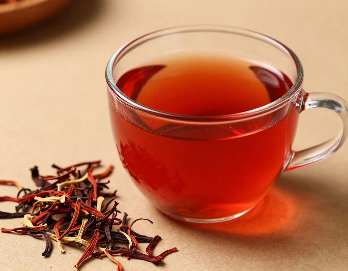 A vibrant red cup of caffeine free rooibos tea with dried leaves