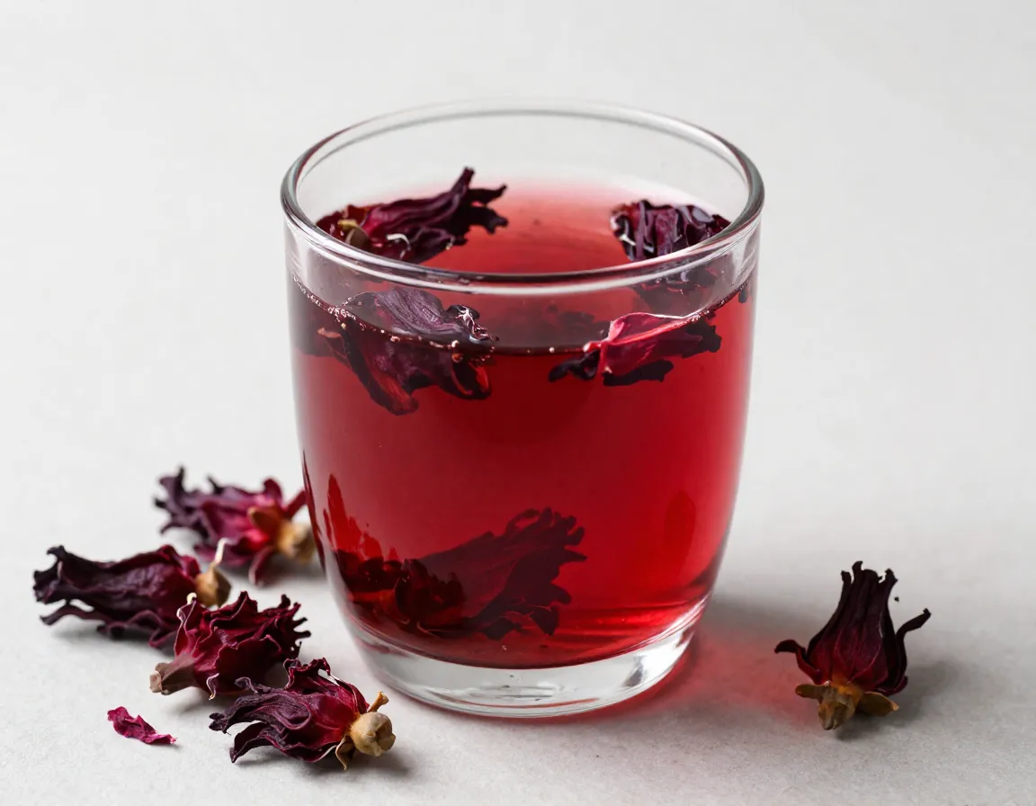 Deep red hibiscus tea infusion with whole dried flowers
