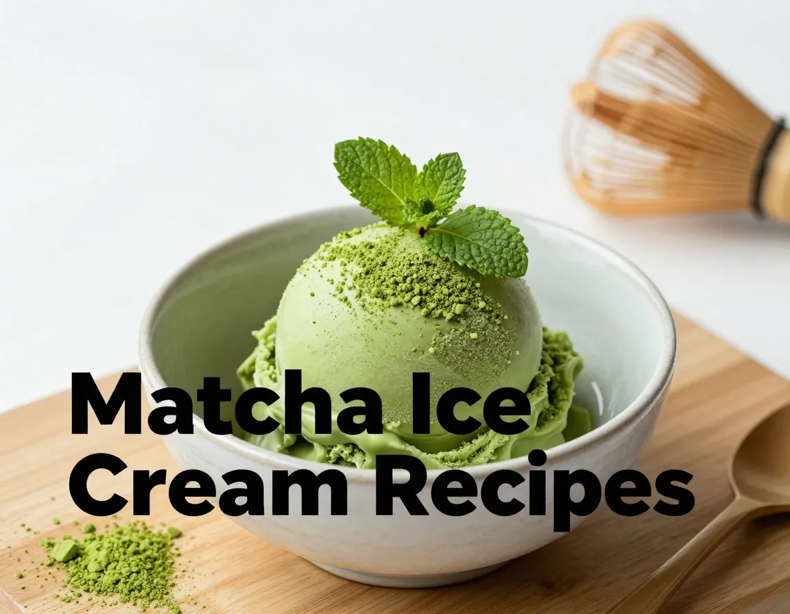 Matcha ice cream scoop ceramic bowl mint whisk flatlay