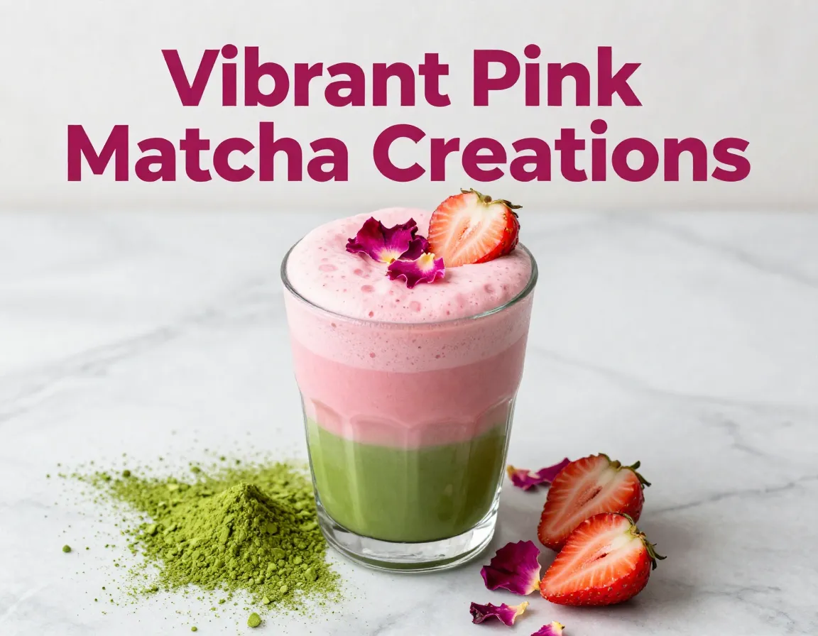 Pink matcha latte garnishes marble background instagram aesthetic