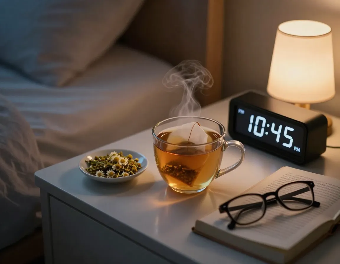 Overhead shot nightstand ceramic mug steaming chamomile tea bedtime ritual before sleep