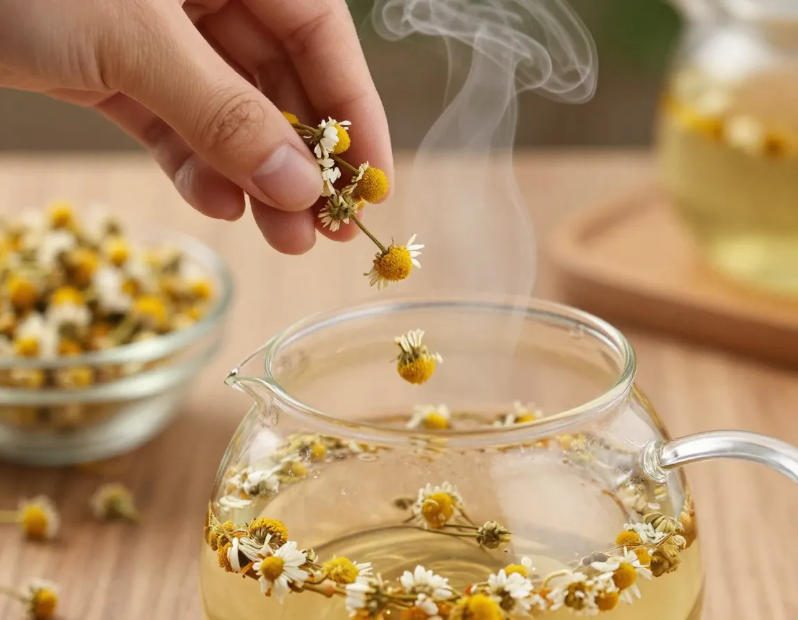 Macro photo hand sprinkling dried chamomile flowers into glass teapot