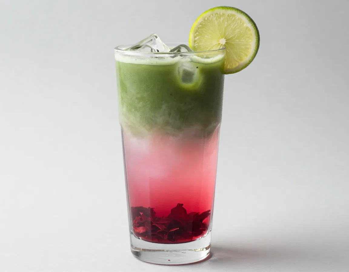 Layered hibiscus tea and coconut matcha sunset gradient drink