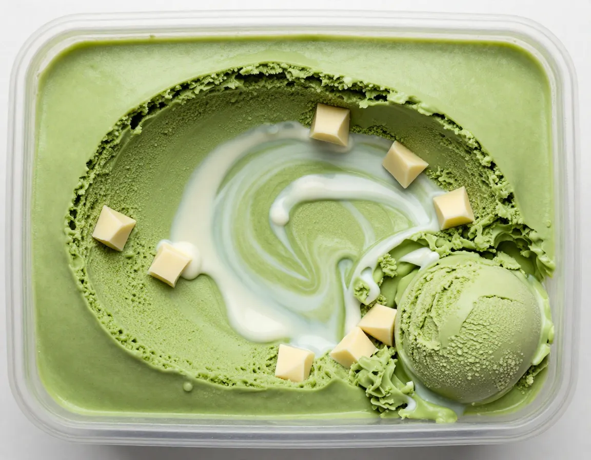 Matcha white chocolate chip ice cream scoop marble swirl