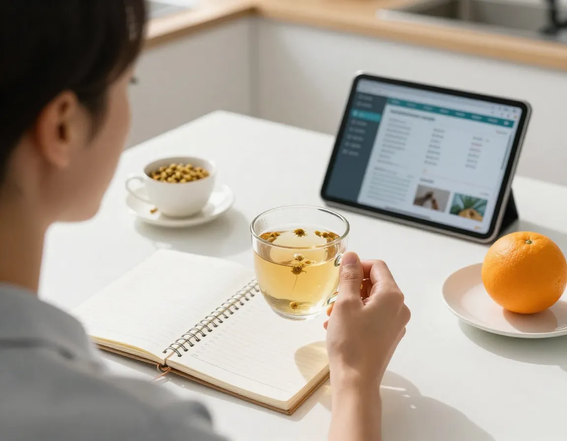 Person drinking chamomile tea sunlit kitchen morning enhanced focus