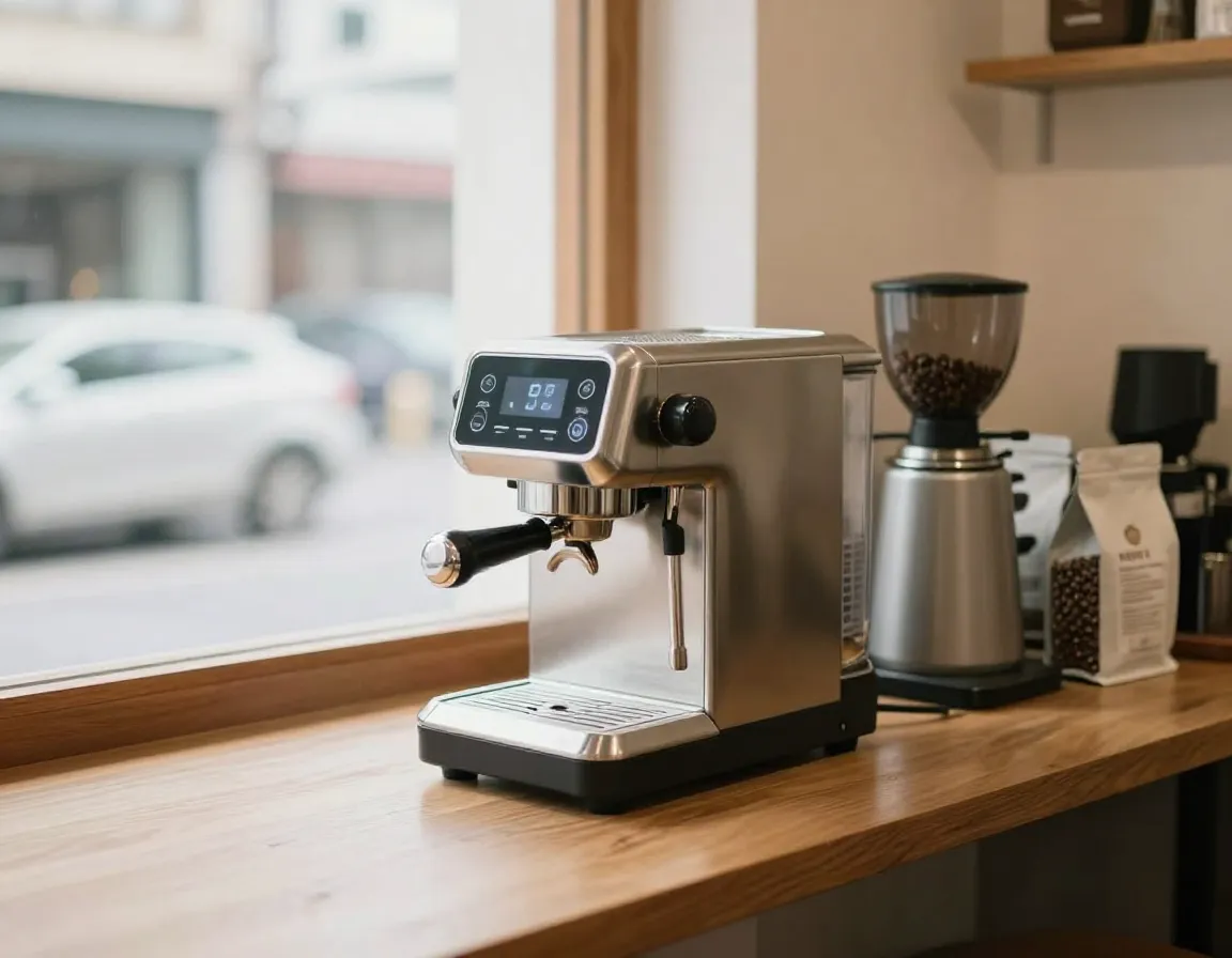 Rocket espresso boxer timer compact machine in a small startup cafe