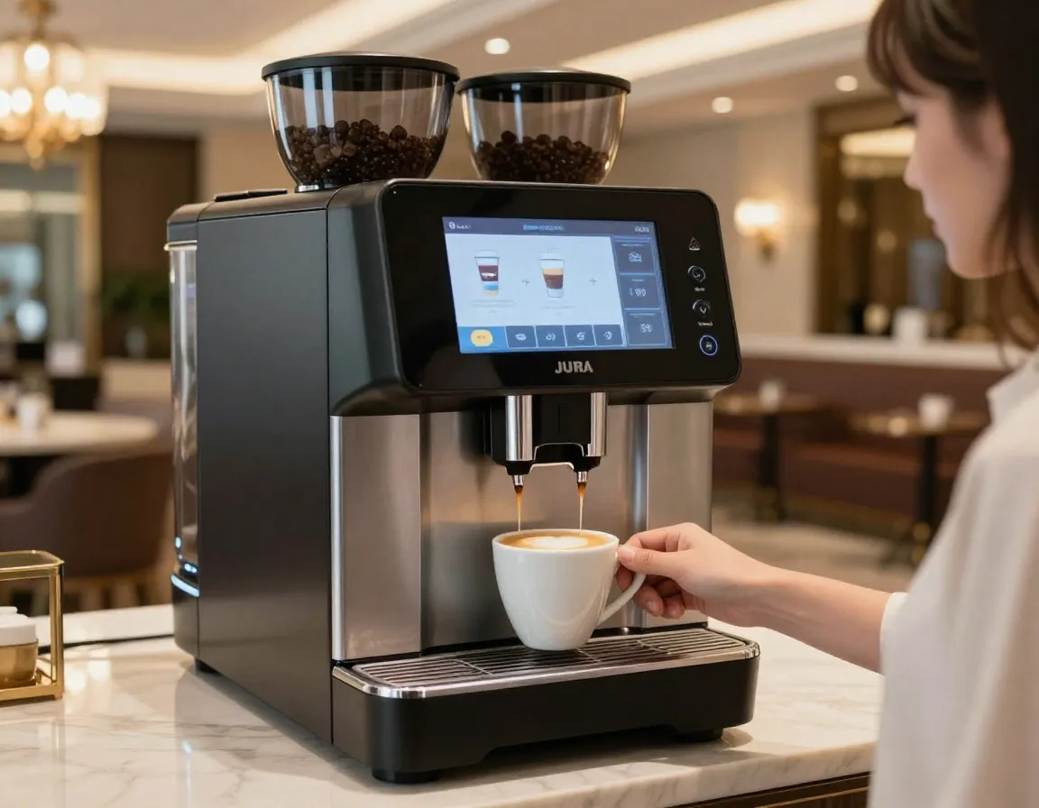 Jura giga 10 super automatic machine dispensing a drink in a hotel lobby