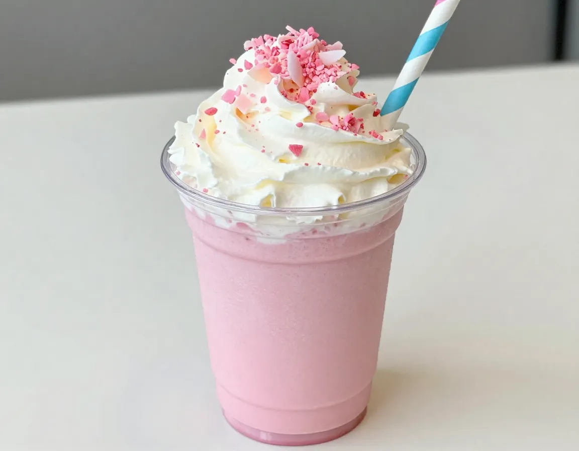 Whipped coconut cream topped pink matcha frappe in clear cup