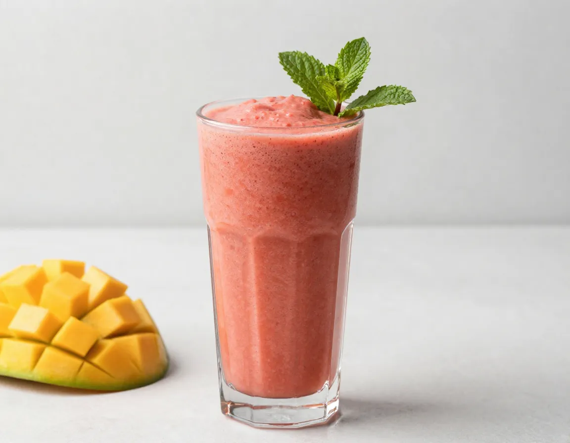 Coral pink beet and mango matcha smoothie in tall glass