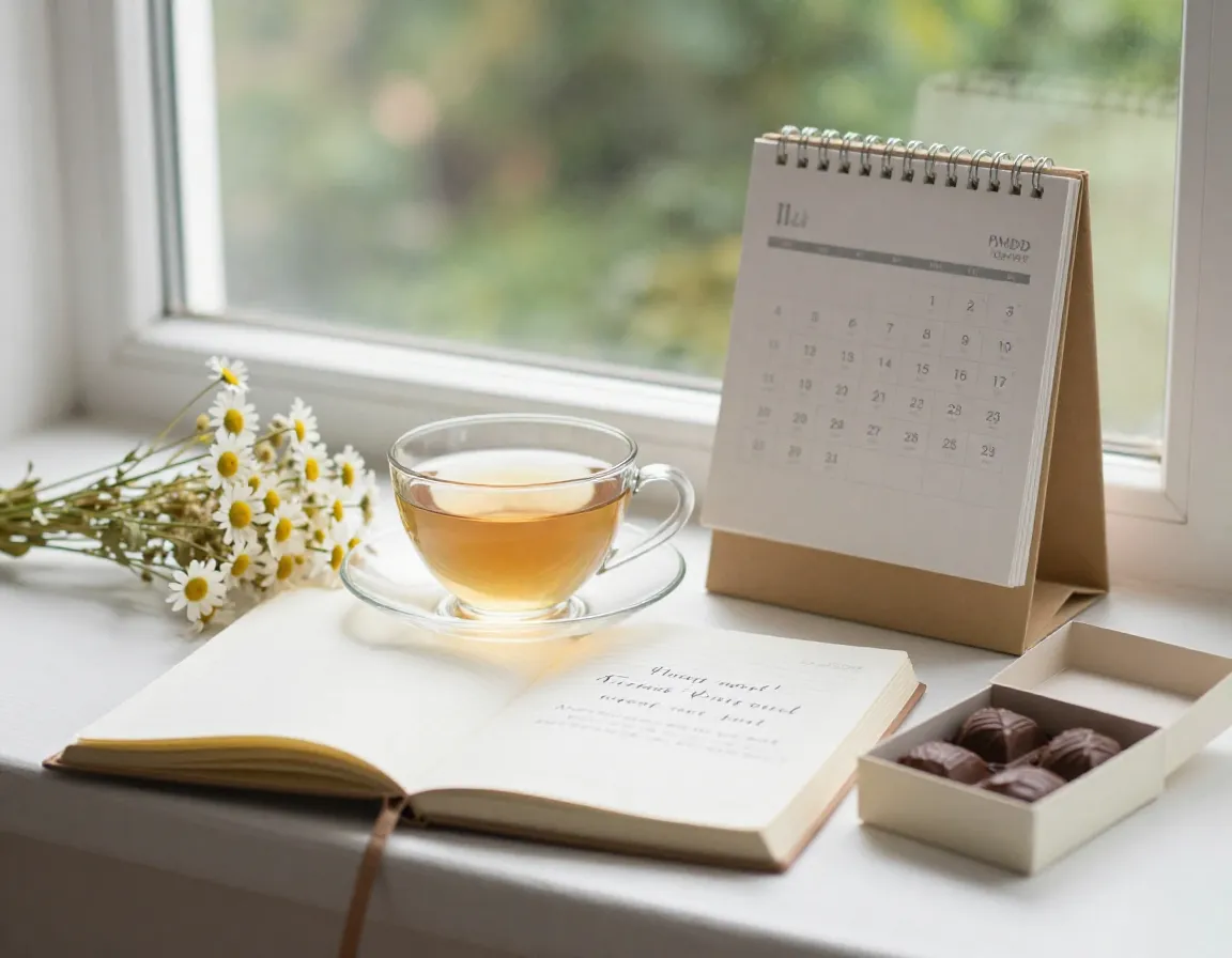 Still life cup chamomile tea journal windowsill for pmdd management