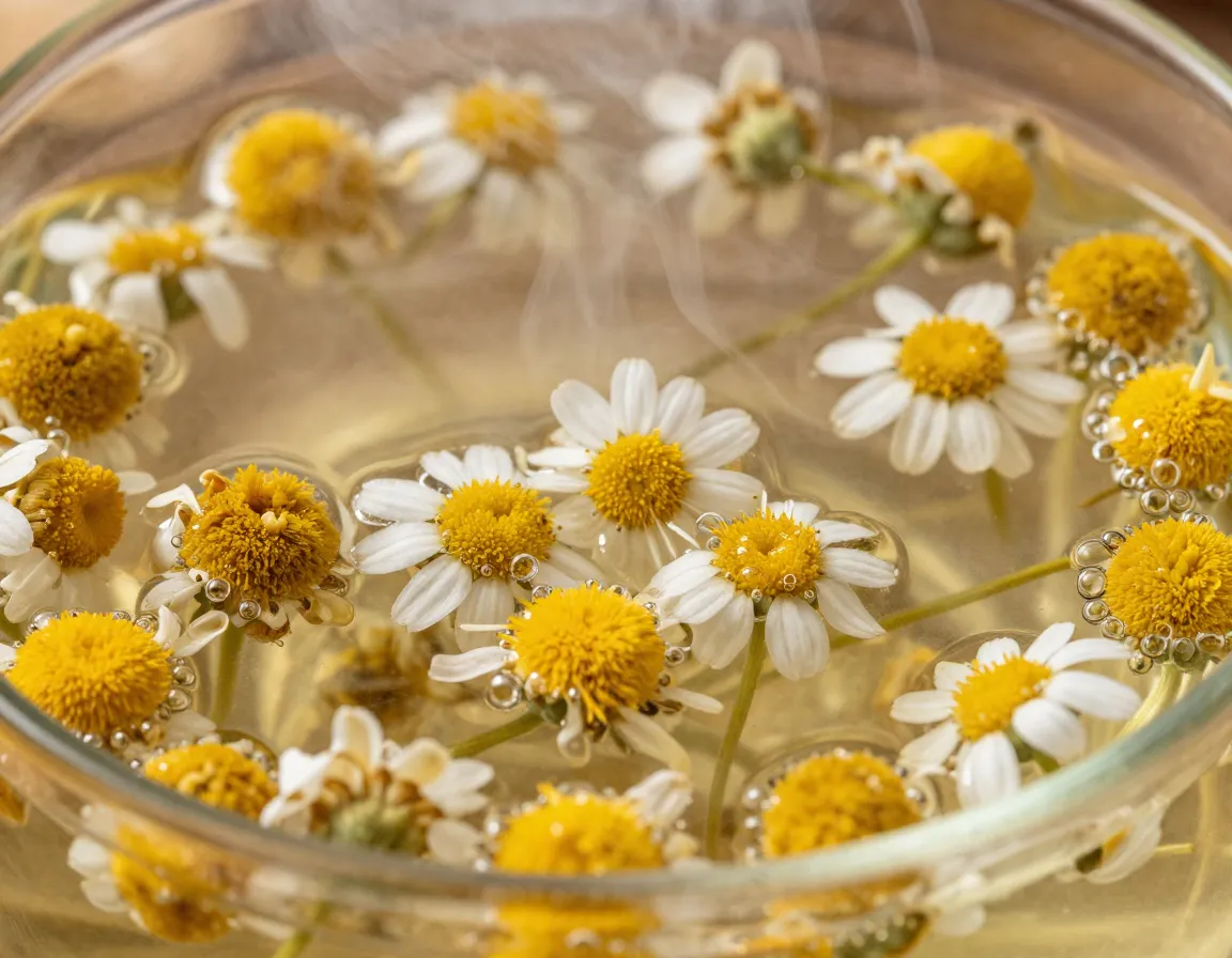 Macro shot fresh chamomile flowers steeping in boiling water