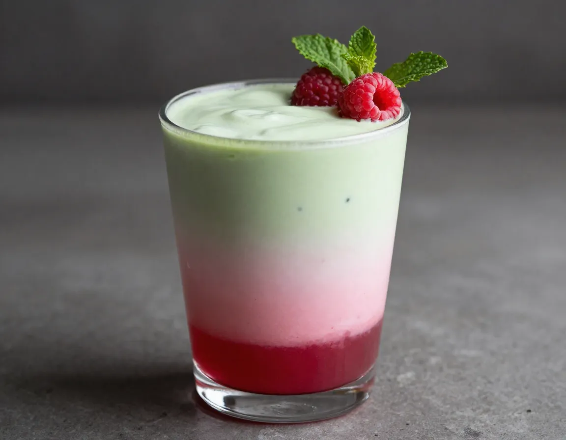 Ombre layered raspberry and matcha drink in glass with garnish
