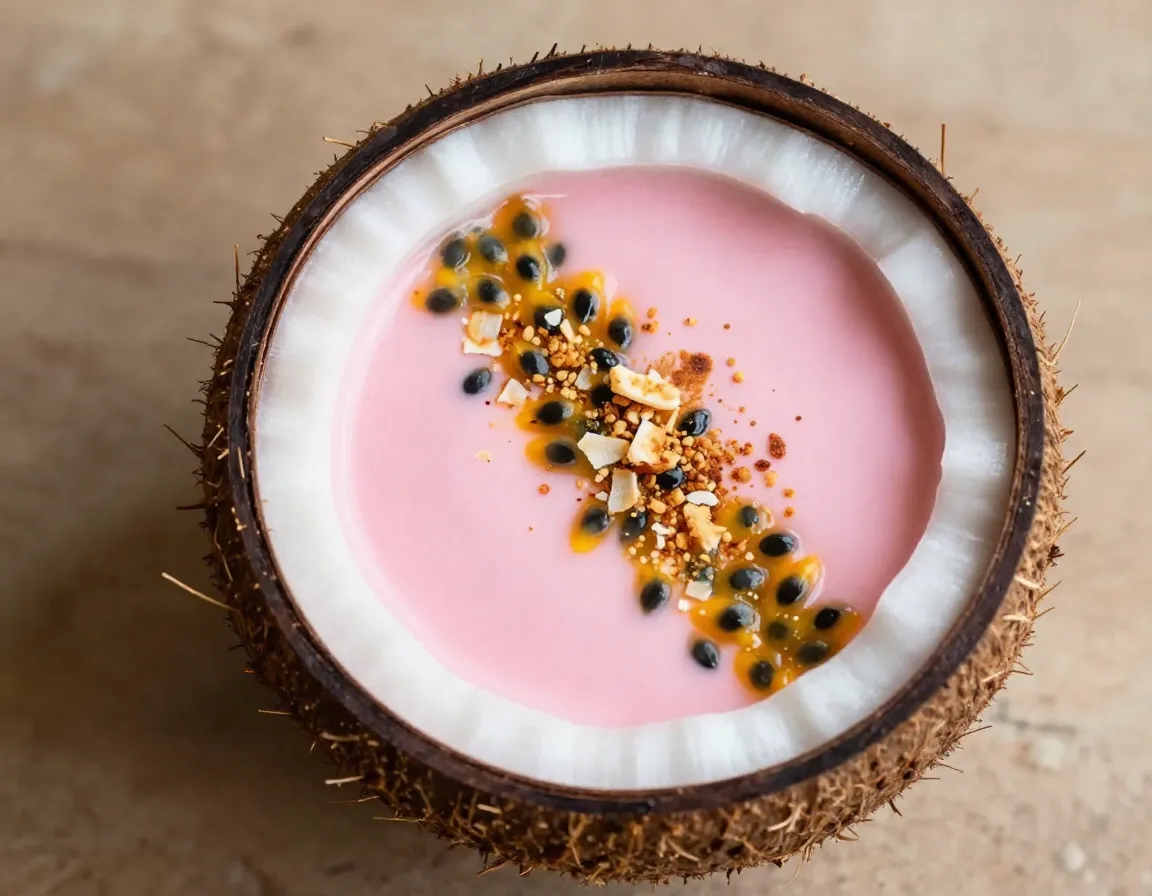 Tropical coconut passion fruit pink matcha in coconut shell