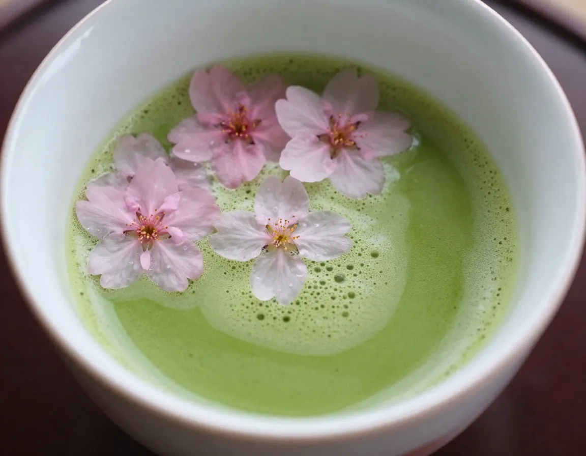 Ceremonial cherry blossom matcha in traditional tea bowl