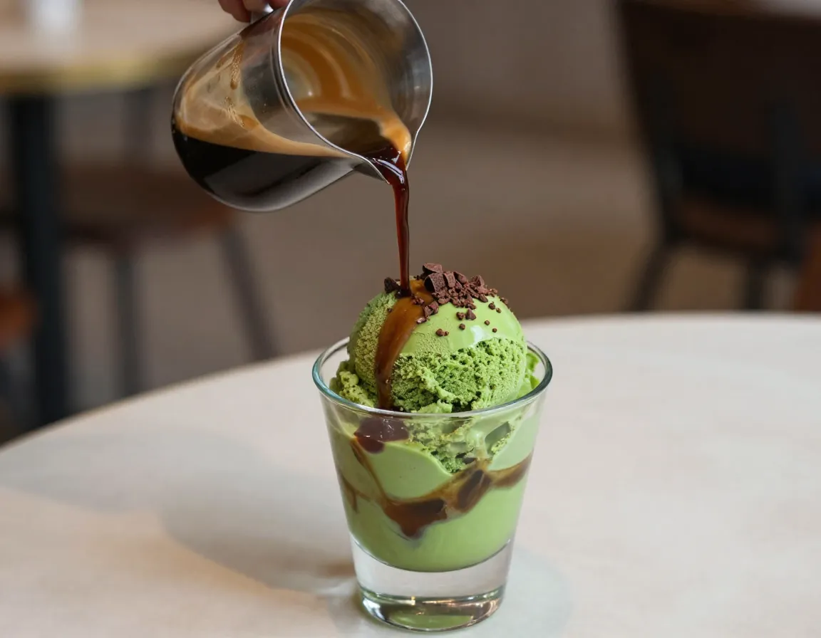 Matcha affogato ice cream espresso shot dark chocolate shavings