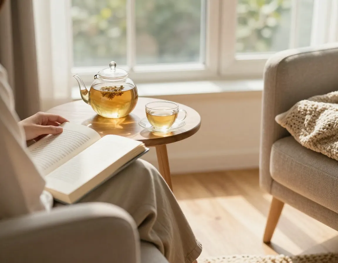 Person in sunroom with teapot and book for long term wellness ritual