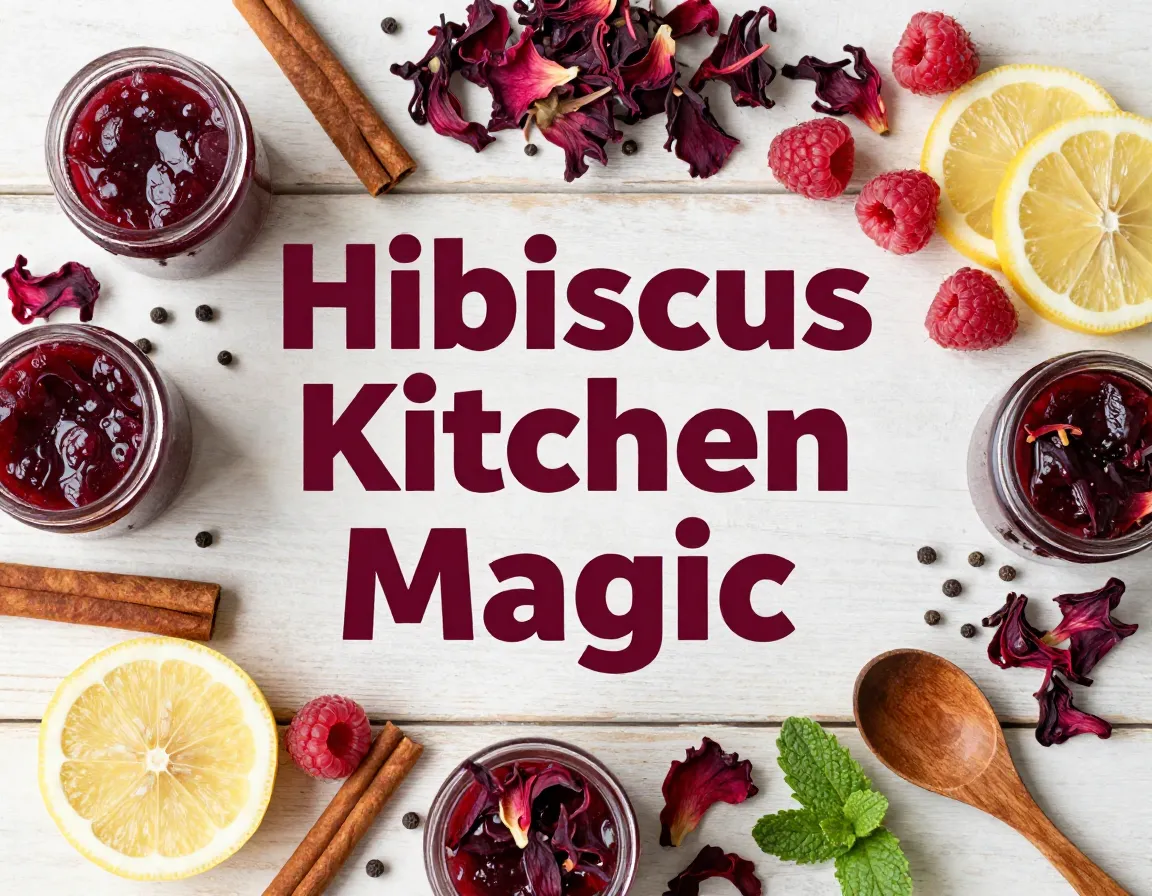 Rustic table flat lay hibiscus raspberries jars preserves