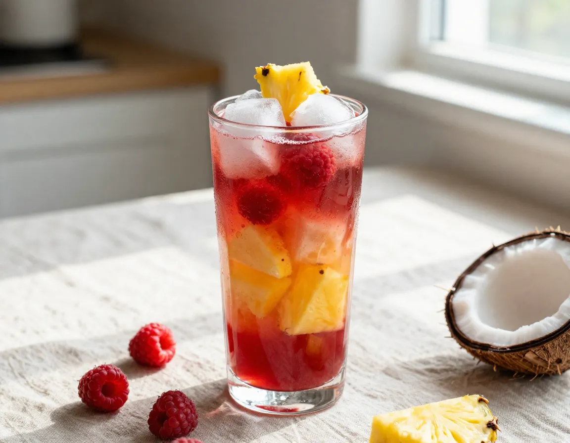 Tropical paradise awakening raspberry pineapple coconut drink