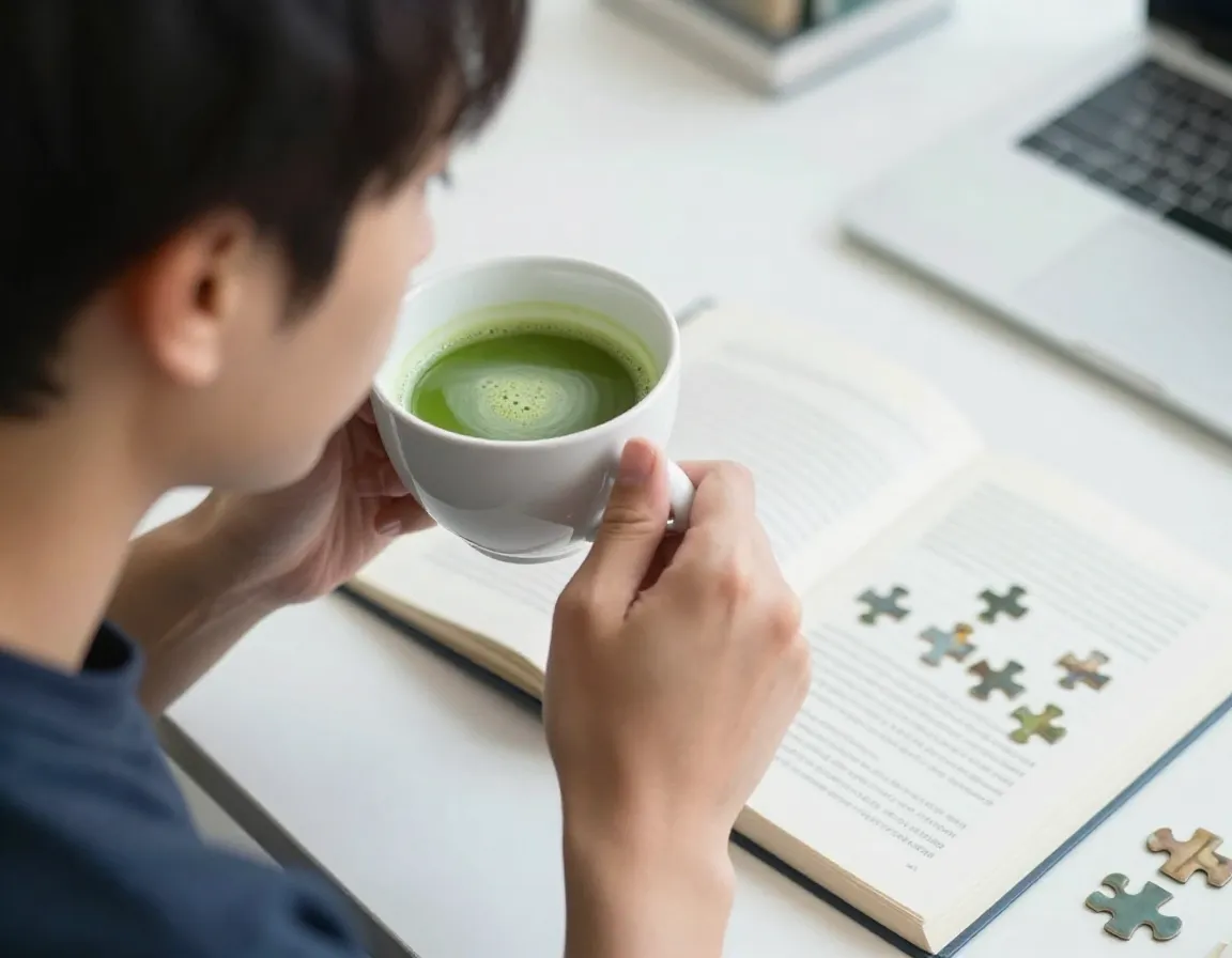 Person drinking matcha while focused on cognitive task
