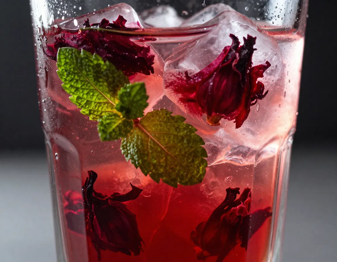 Ruby red hibiscus tea ice cubes with mint leaves in a crystal clear glass