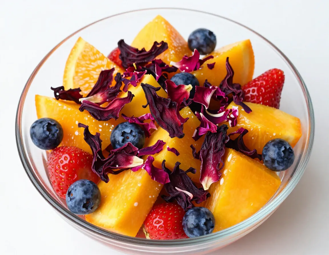 Vibrant fruit salad with chopped hibiscus petals in a clear glass bowl