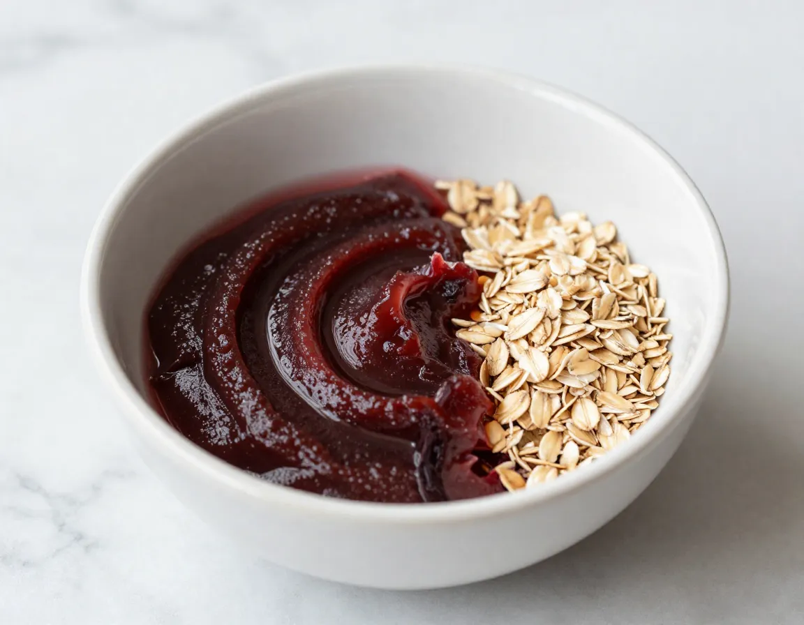 A bowl of homemade hibiscus honey oatmeal face mask on a marble surface
