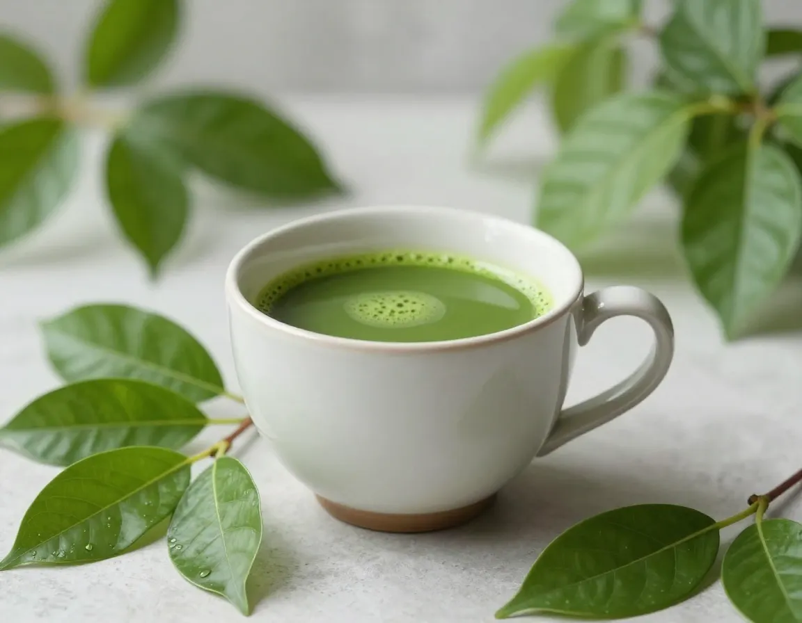 Cup of matcha among green plants detoxification