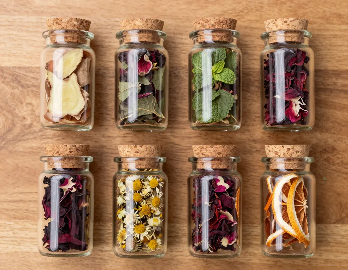 A curated display of custom hibiscus tea blends in small glass jars