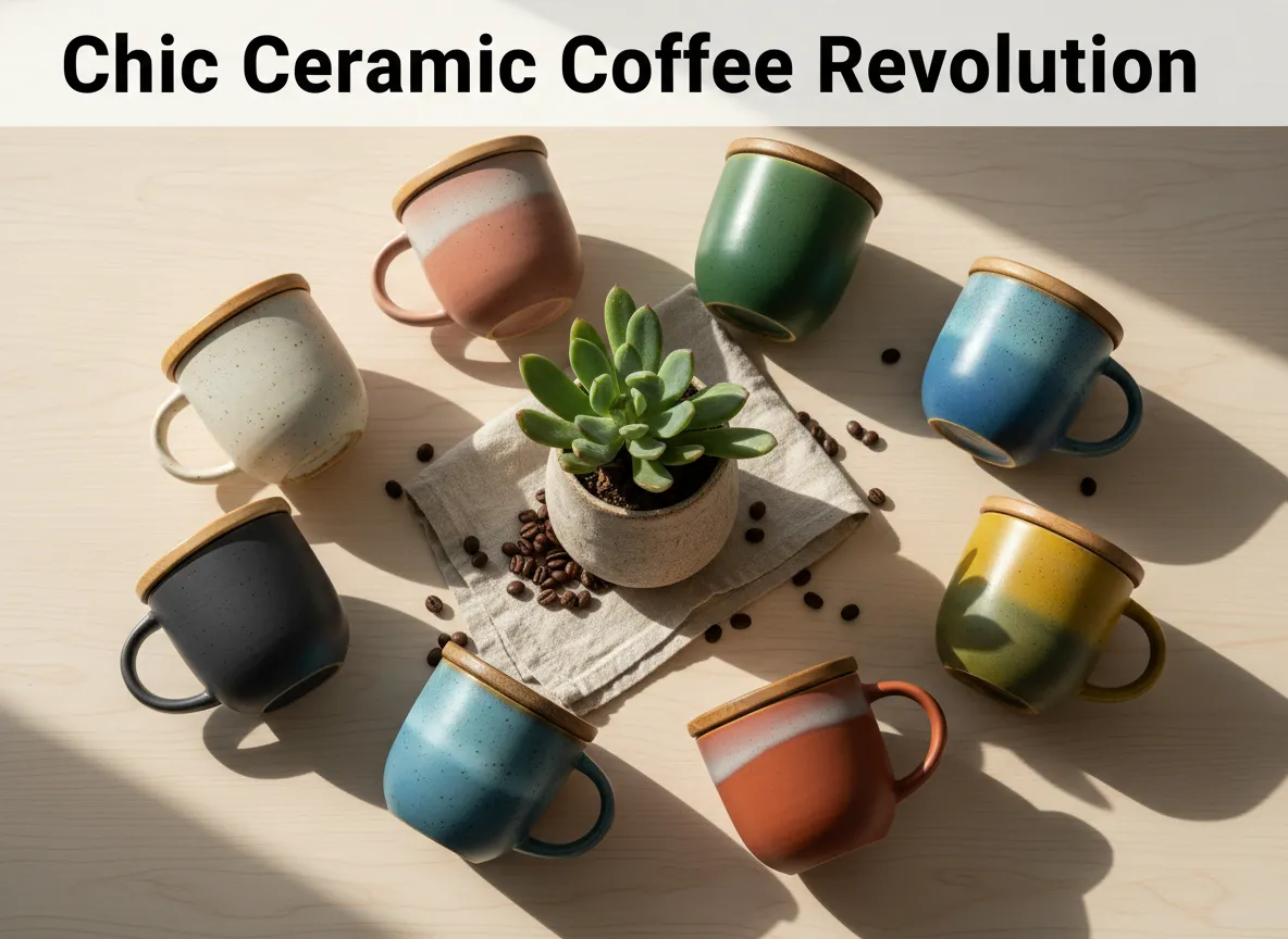 Chic ceramic travel mugs flatlay sustainable coffee ritual