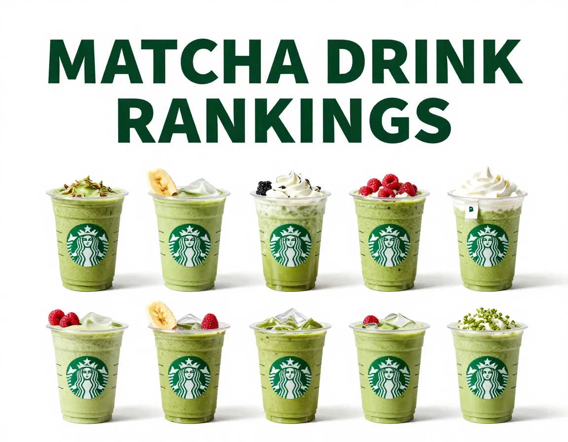 Nine ranked starbucks matcha drinks flat lay infographic