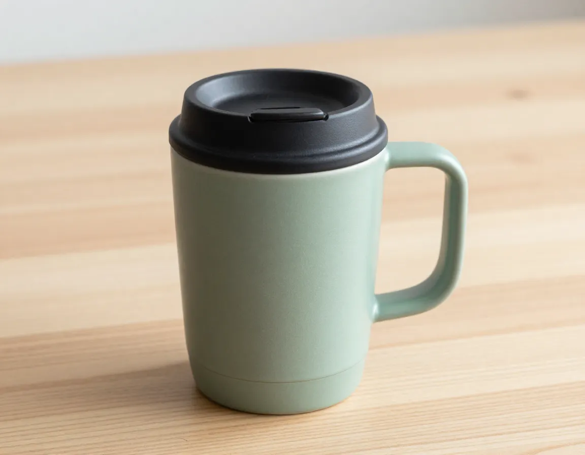 Minimalist double wall ceramic travel mug with ergonomic handle on wood table