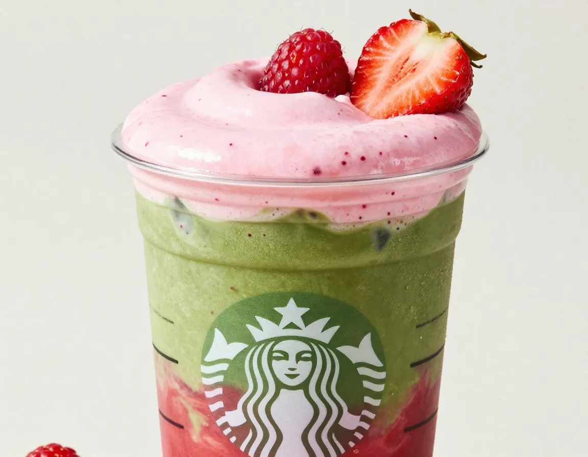 Iced double berry matcha with raspberry syrup and strawberry puree