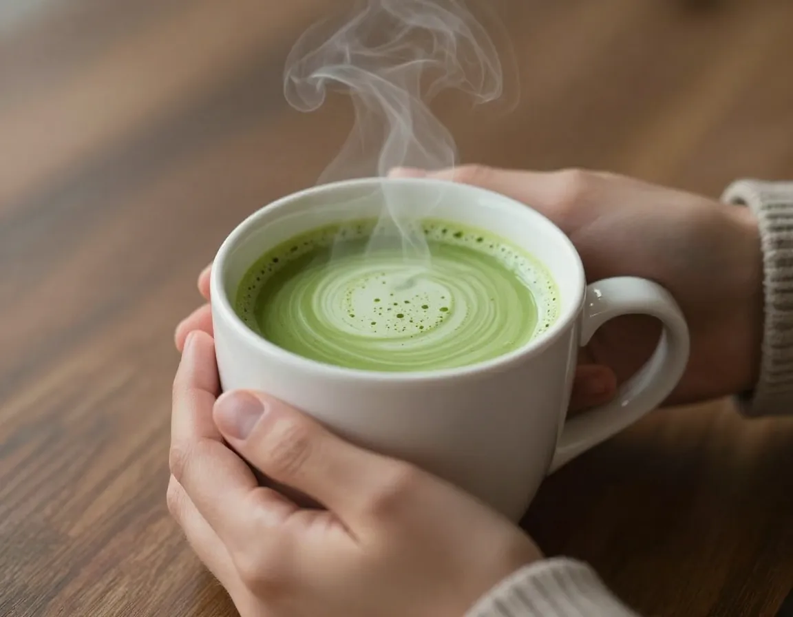 Hot matcha tea latte with oat milk in a ceramic mug