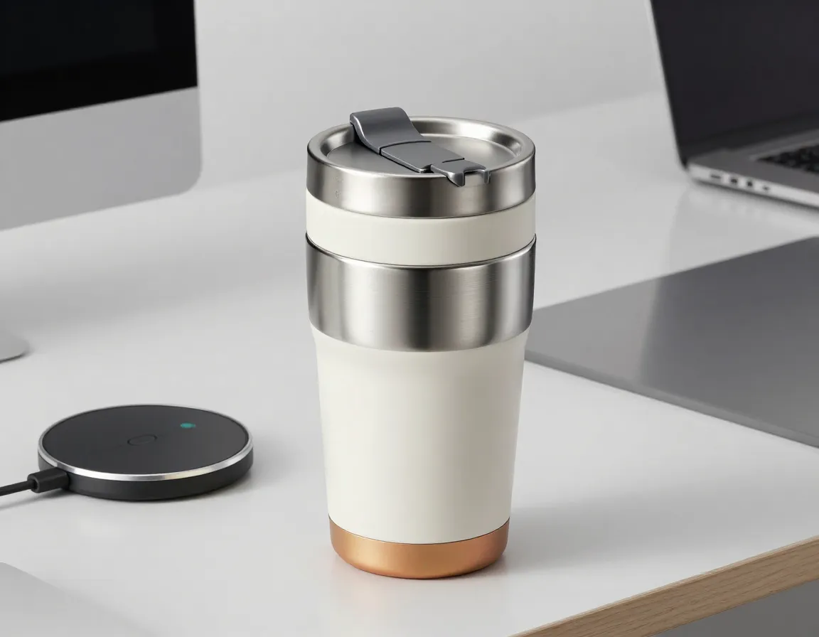 Modern hybrid ceramic and stainless steel travel mug with magnetic lid