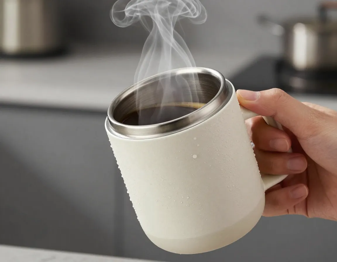 Double wall insulated ceramic mug with condensation free exterior in kitchen