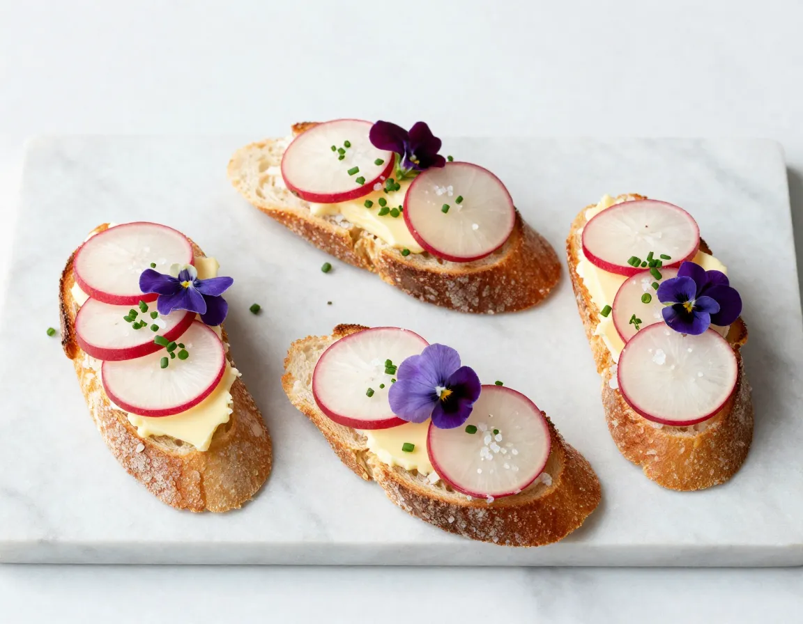 French radish and butter open faced baguette slice