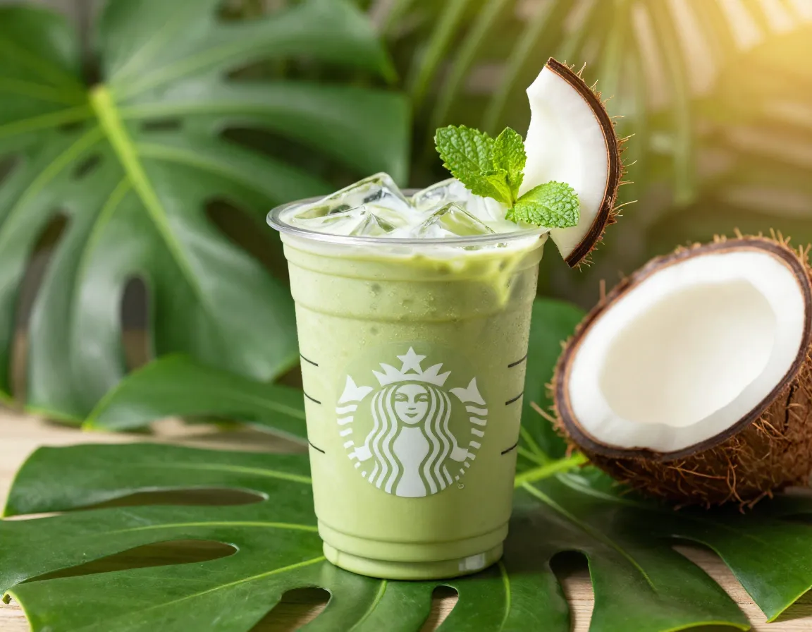 Iced matcha tea latte with coconut milk and tropical garnish