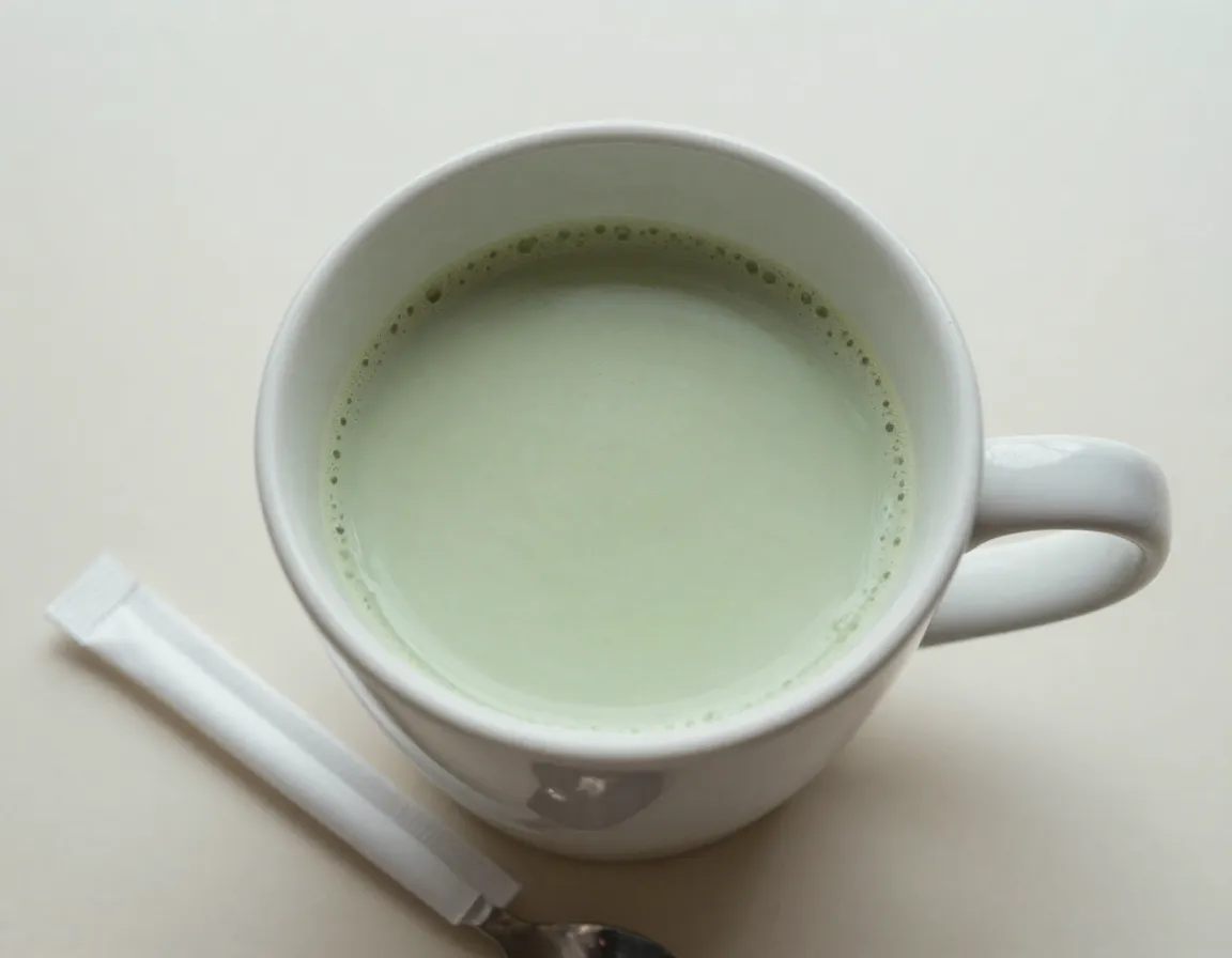 Overly sweet hot matcha latte with regular milk in mug