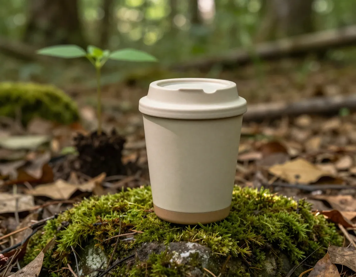 Sustainable ceramic mug with recycled content and bioplastic lid in nature