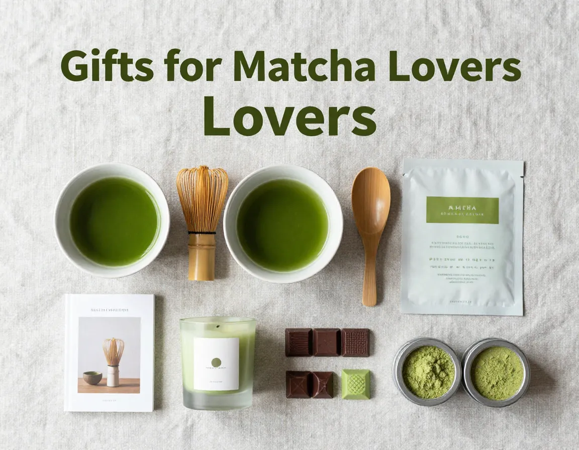 Matcha gift guide flat lay ceremonial bowl whisk chocolates candle