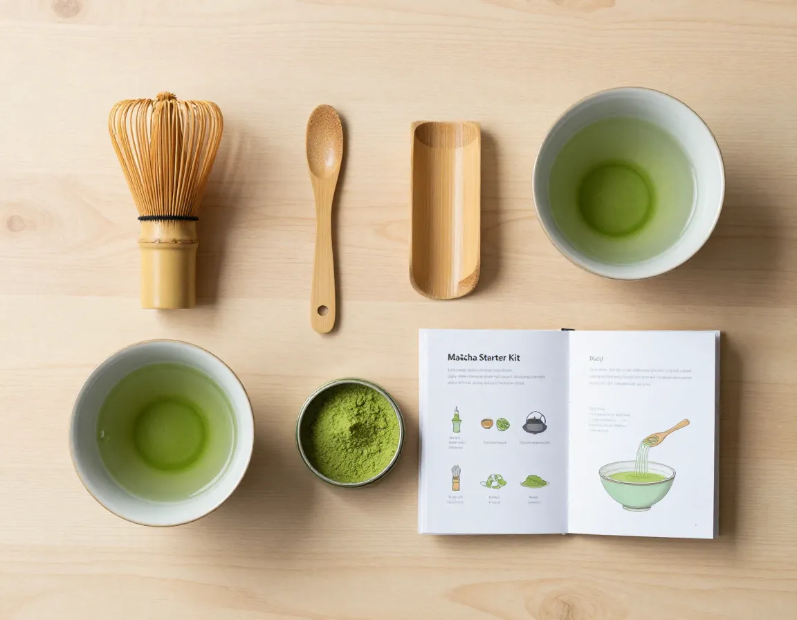 Complete matcha starter kit with bamboo tools and bowl