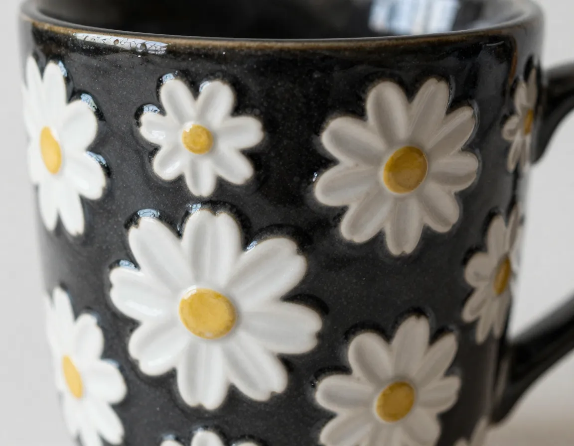 Textured daisy relief mug with raised white floral pattern