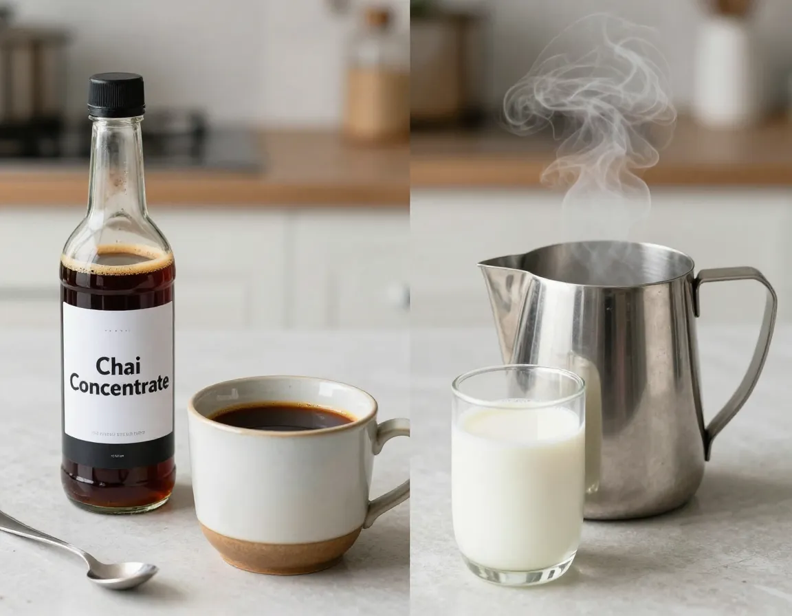 Concentrate based speed latte mug next to steaming milk pitcher