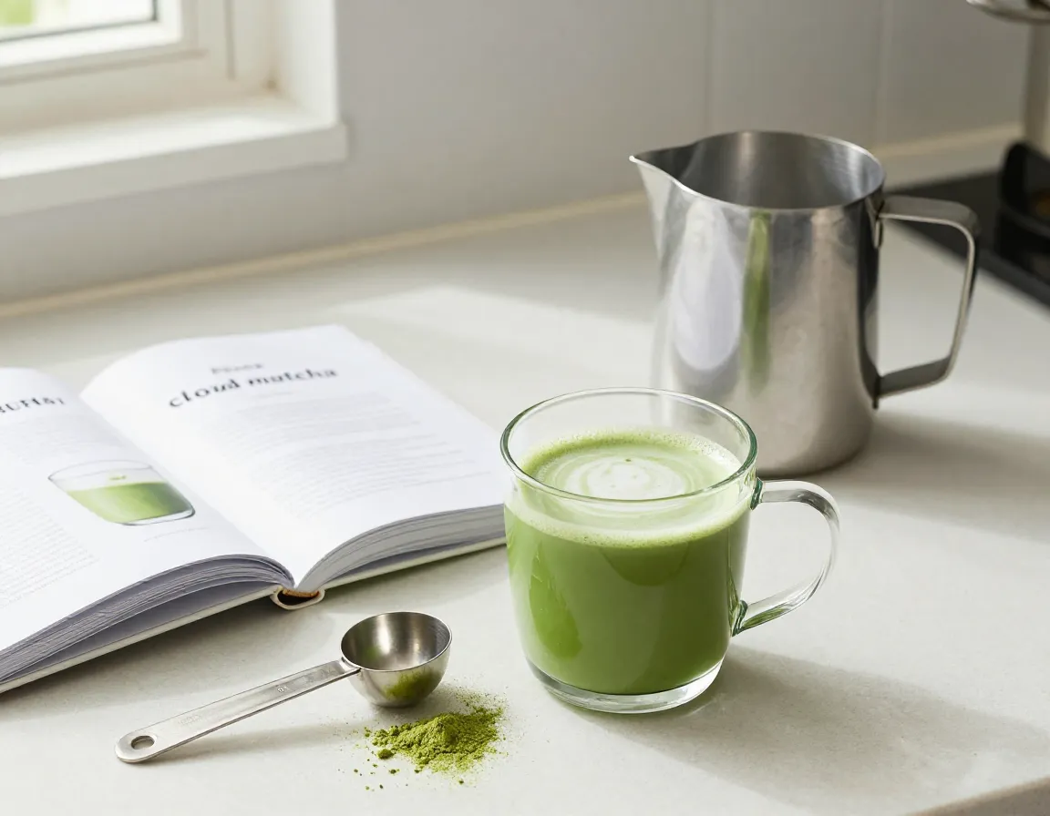 Modern matcha recipe book with milk frother and glass mug